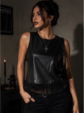 For Cynthia Black Faux Leather Feather Trim Sleeveless Top Size L NWT